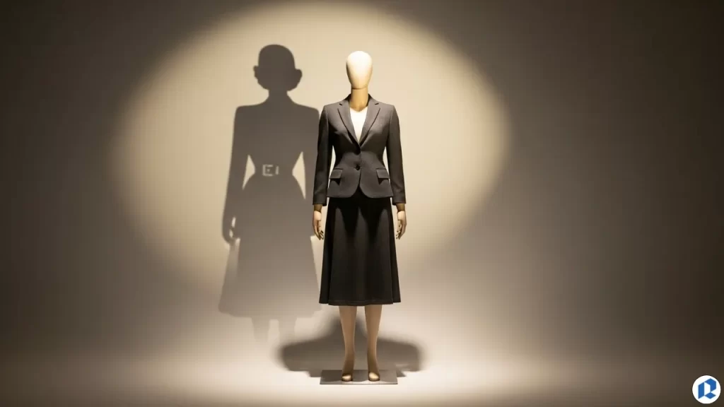 A mannequin in a spotlight wearing a black 20th-century women's skirt suit, symbolizing the historical influence of fashion