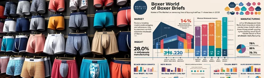 Assorted boxer briefs displayed alongside market insights and manufacturing statistics by RYZEAL SOURCING in Bangladesh
