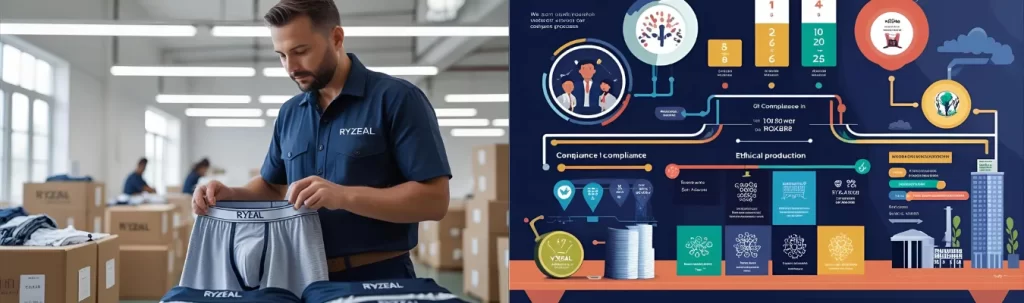 RYZEAL team member inspects boxer briefs beside a detailed infographic on compliance and ethical apparel production