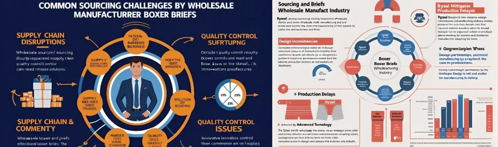 Infographic visualizing sourcing challenges and RYZEAL’s solutions in the boxer briefs manufacturing industry