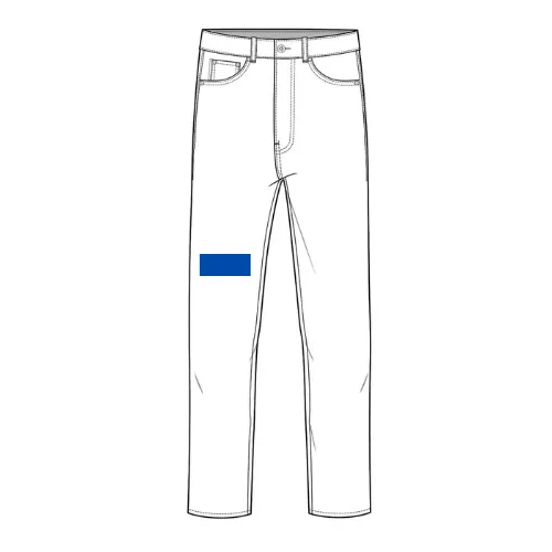 Denim print position 10 showing rectangular front thigh branding area by RYZEAL, an apparel manufacturing and sourcing company in Bangladesh