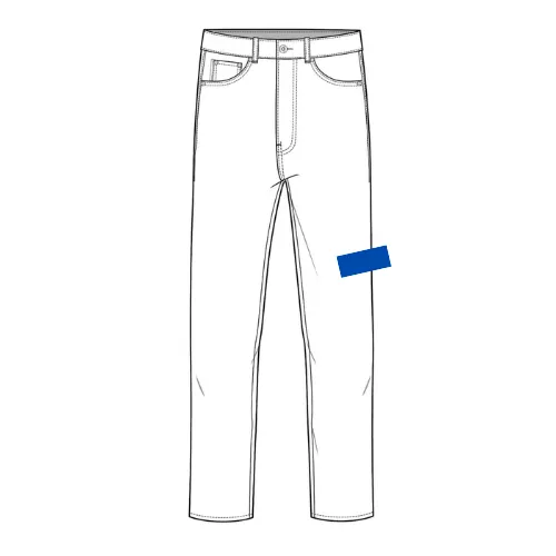 Denim print position 12 showing angled side thigh placement by RYZEAL, an apparel manufacturing and sourcing company in Bangladesh