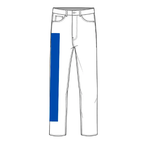 Denim print position 8 showing full-length side panel placement by RYZEAL, an apparel manufacturing and sourcing company in Bangladesh
