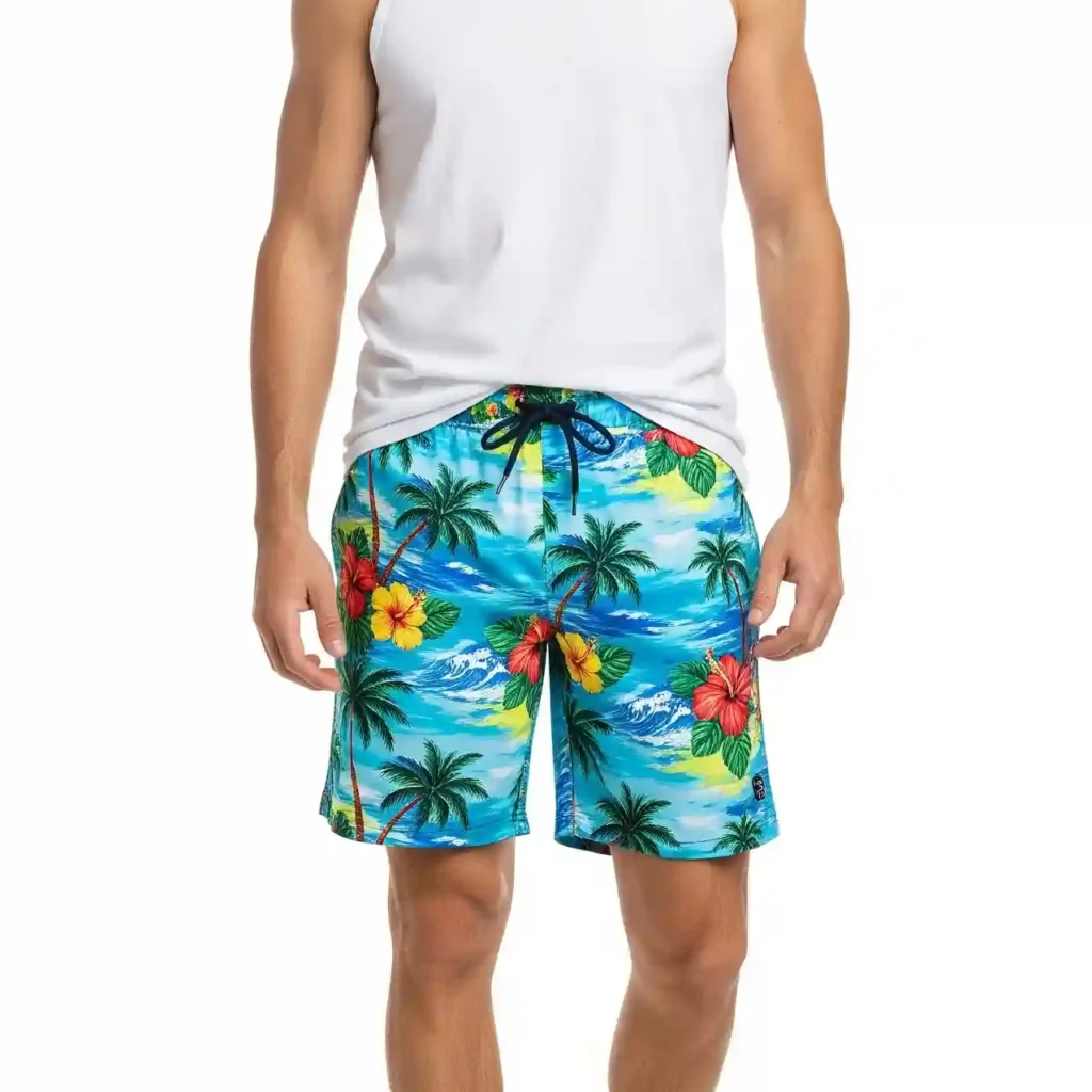 Beach shorts manufacturer in Bangladesh RYZEAL SOURCING producing stylish mens beach shorts with tropical printed fabrics
