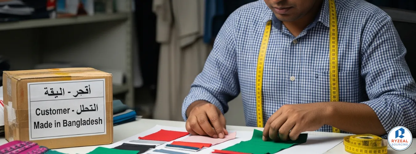 Clothing factory in Saudi Arabia with worker handling fabric samples, highlighting partnership with Bangladesh for garment production. مصنع ملابس السعودية