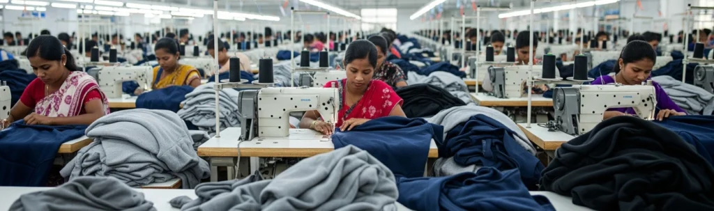 Women sewing sweatshirts in a garment factory production line