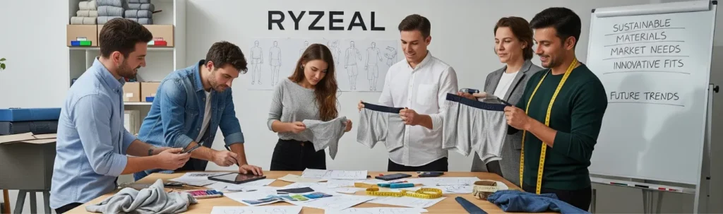 RYZEAL team discussing design and sourcing solutions for men's wholesale boxer briefs manufacturing. RYZEAL team discussing design and sourcing solutions for men's wholesale boxer briefs manufacturing.