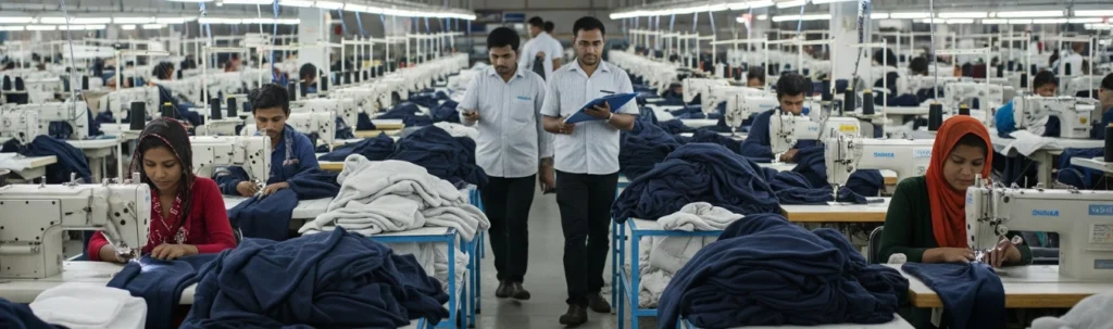 Factory workers sewing and inspecting sweatpants addressing sourcing challenges