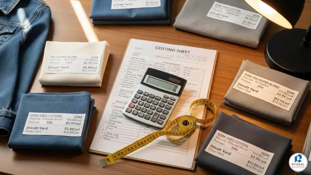 Flat lay of fabric swatches, calculator, measurement tape, and costing sheet used for calculating garment pricing in the apparel industry