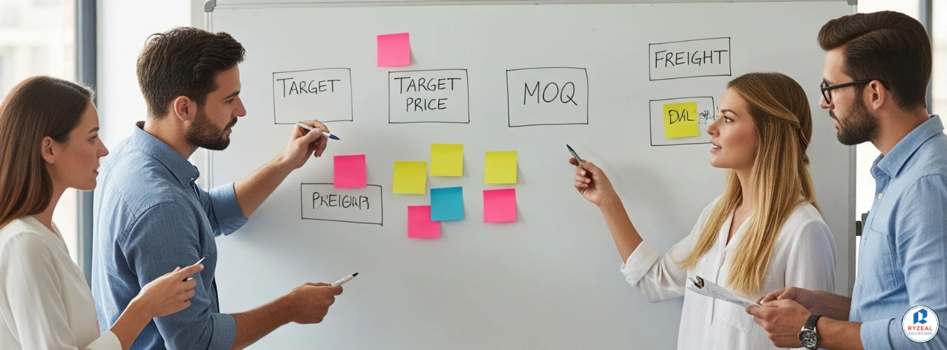 Group of professionals discussing garment costing strategies using sticky notes on a whiteboard during a collaborative meeting