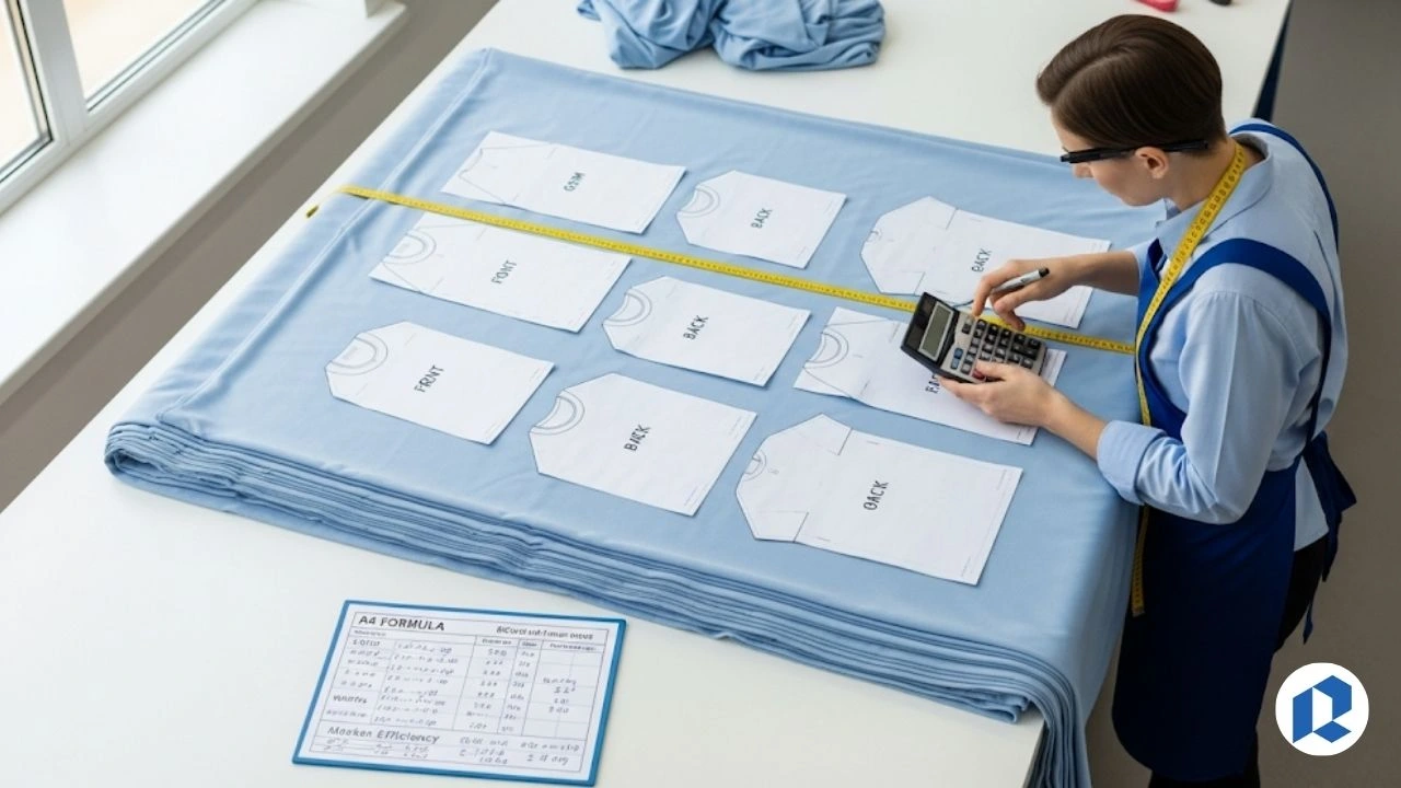 Fabric rolls, garment samples, and a consumption chart displayed on a production table