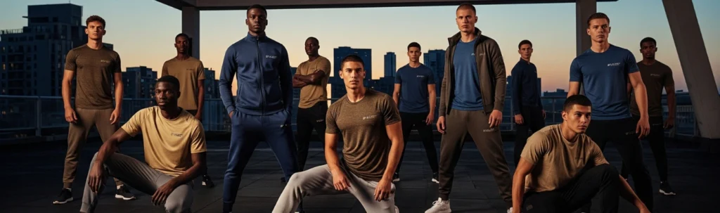 Group of men in modern activewear outfits representing global demand and sourcing trends in the men’s activewear manufacturing industry.