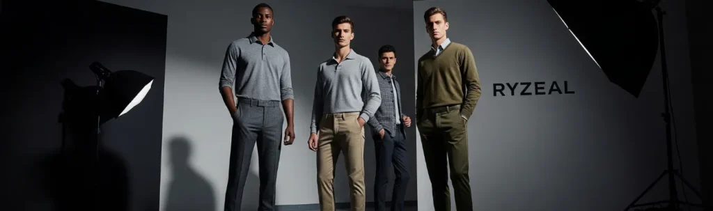 Models showcasing men’s trousers highlighting global sourcing trends with RYZEAL SOURCING