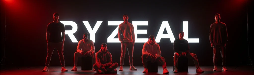 Men modeling wholesale sweatpants in front of RYZEAL logo