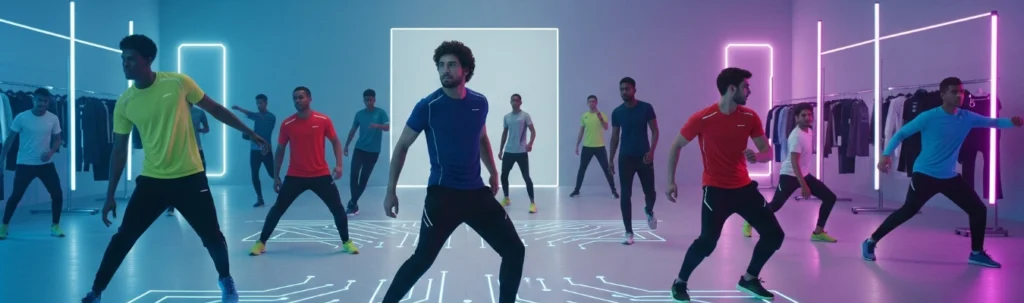 Group of men in modern activewear practicing synchronized workout in a futuristic studio. Group of men in modern activewear practicing synchronized workout in a futuristic studio.