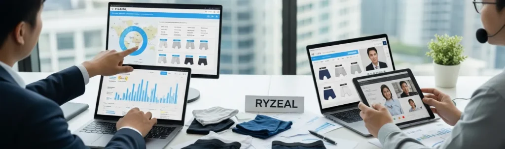 RYZEAL team analyzing data and product designs for men's wholesale boxer briefs manufacturing.