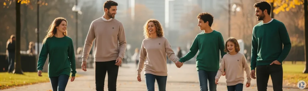 Family wearing stylish sweatshirts showcasing RYZEAL SOURCING agile and future ready approach in Men Women and Kids apparel manufacturing Bangladesh