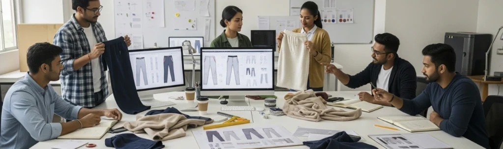 Design team reviewing fabric samples and digital designs of sweatpants
