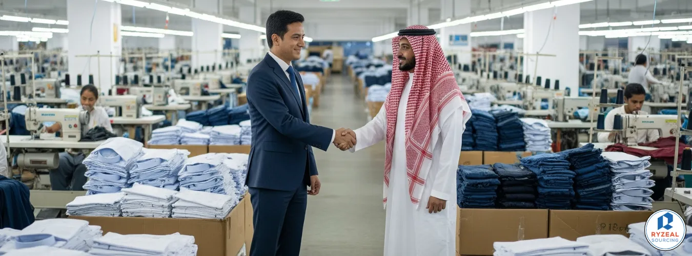 Saudi clothing factory manager greeting a traditional Saudi businessman on the production floor, representing dual-production strategy for competitive advantage. مصنع ملابس السعودية