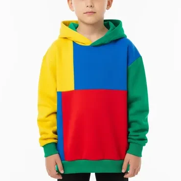 Color block kids hoodie manufactured by RYZEAL SOURCING, wholesale kids hoodies supplier.