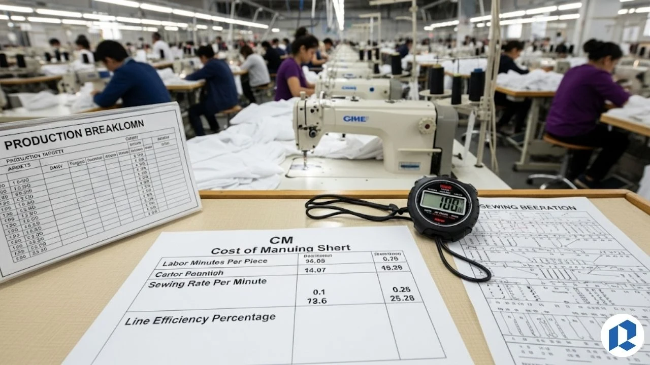Garment factory floor with sewing machines, workers, and cost breakdown sheets on a clipboard