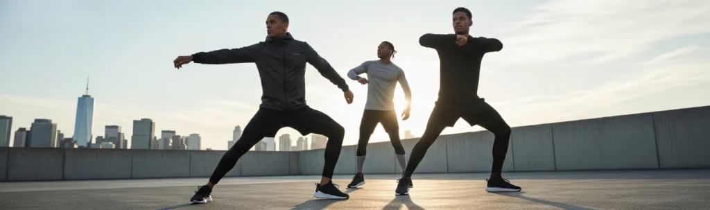 Men practicing fitness and yoga in performance activewear, representing evolving trends in men’s activewear manufacturing.