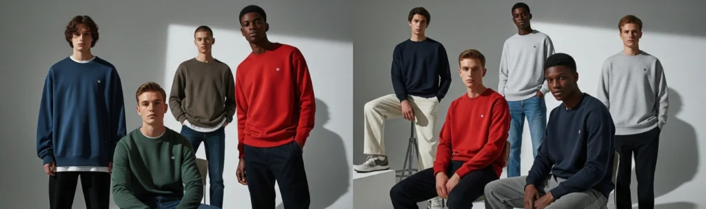 Group of men modeling different styles of sweatshirts in a studio