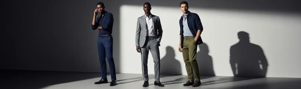 Models showcasing modern men’s trousers styles reflecting global wholesale market insights