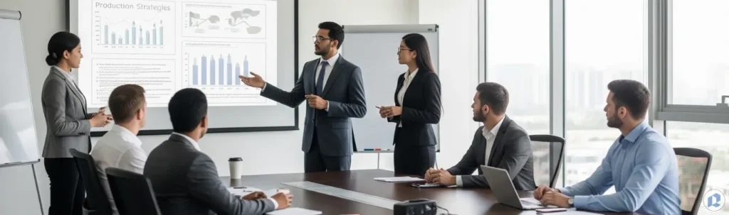 Business team discussing global market insights for Men Women and Kids sweatshirt manufacturing at RYZEAL SOURCING Bangladesh