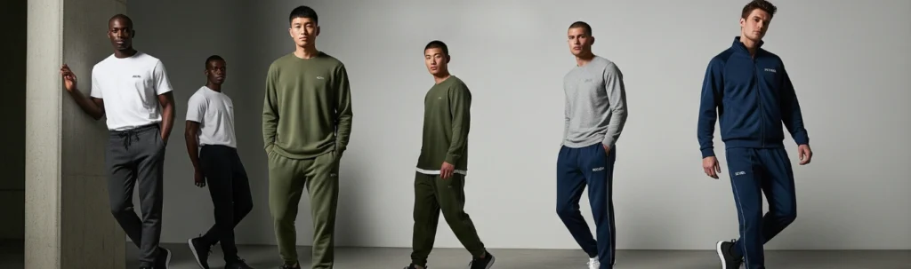 Men modeling different styles of wholesale sweatpants showcasing modern trends