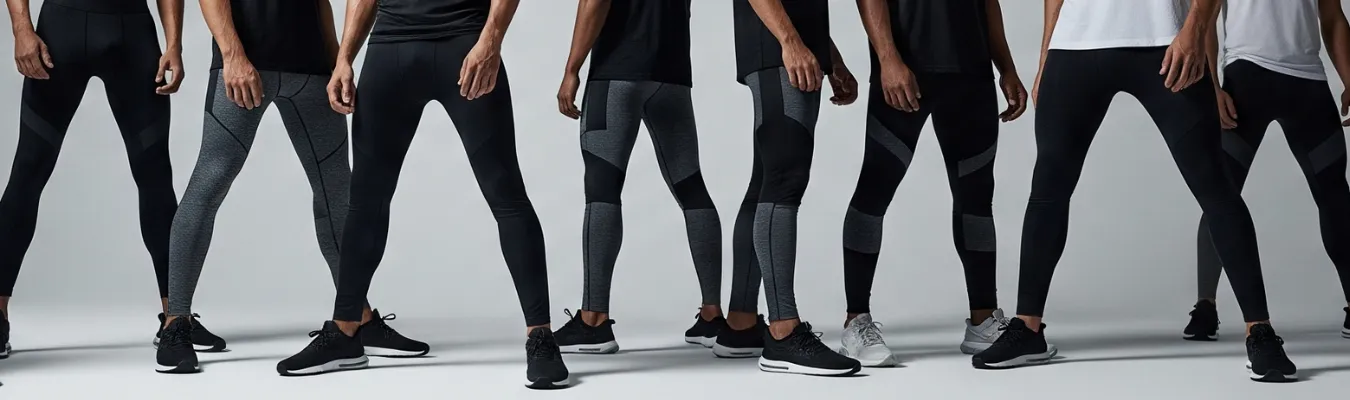 Group of men modeling athletic leggings for wholesale market insights in the evolving men’s wholesale leggings industry.