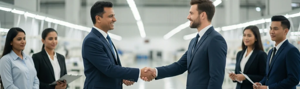 Business partners shaking hands in a modern garment factory surrounded by professional team members.