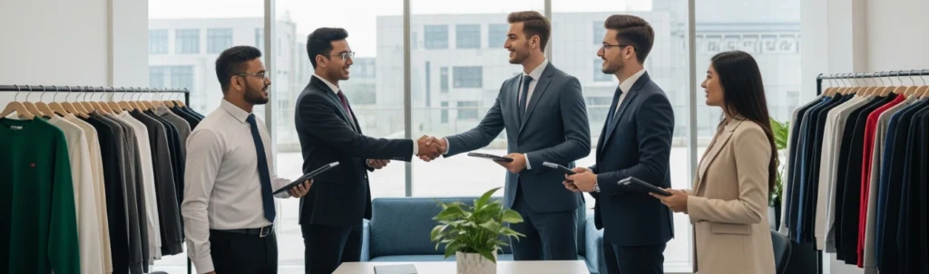 Business professionals shaking hands in a showroom with men’s sweatshirts displayed