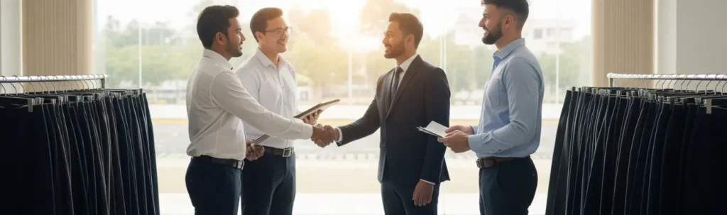 Handshake between business partners in a men’s trousers wholesale showroom
