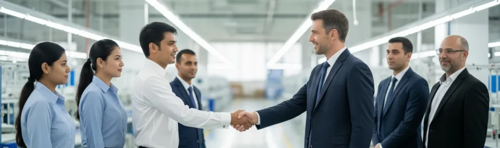 Business partners shaking hands in garment factory representing men's wholesale boxer briefs manufacturer. Business partners shaking hands in garment factory representing men's wholesale boxer briefs manufacturer.