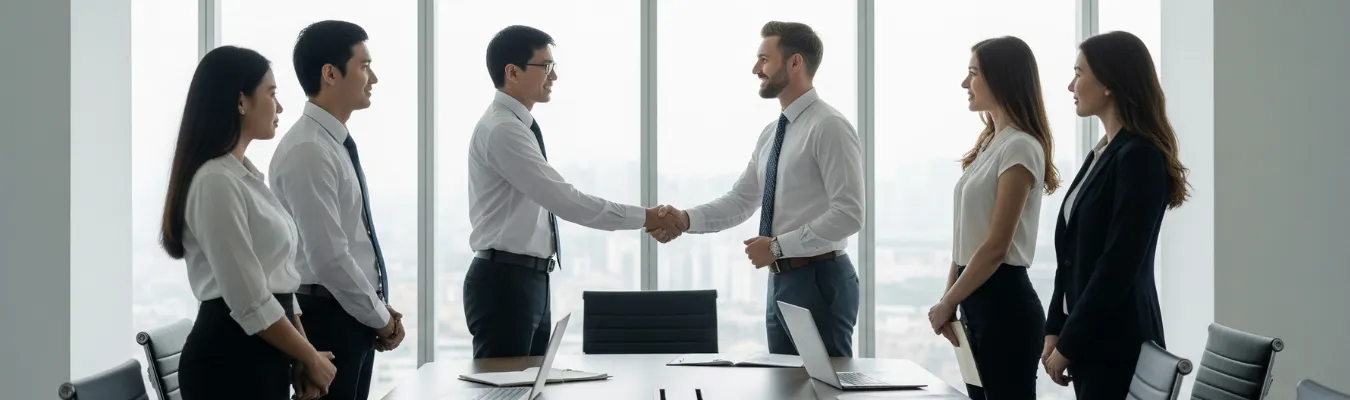 Business partners shaking hands with RYZEAL SOURCING team representing a trusted certified and people first sweatpants manufacturer in Bangladesh for men women and kids