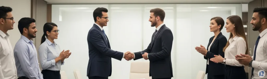 Business partners shaking hands with RYZEAL SOURCING trusted certified people first sweatshirt manufacturer in Bangladesh for Men Women and Kids apparel