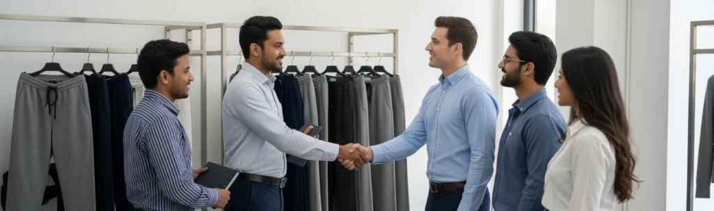 Business partners shaking hands in a showroom with men’s sweatpants on display