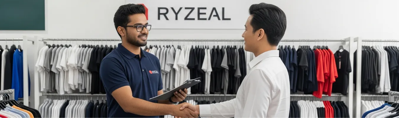 Handshake partnership at RYZEAL wholesale women’s t-shirts company with certified sourcing solutions.