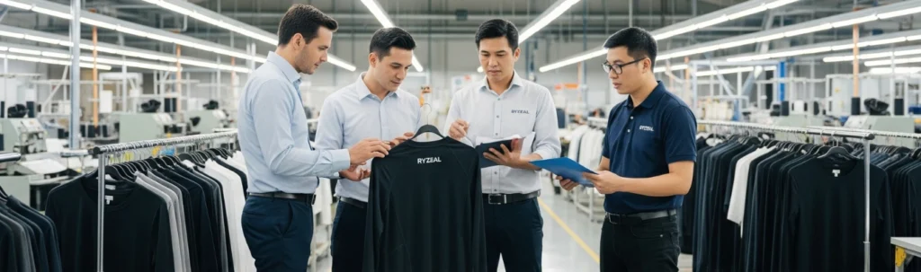 RYZEAL team conducting garment inspection in activewear factory to ensure compliance and ethical production.