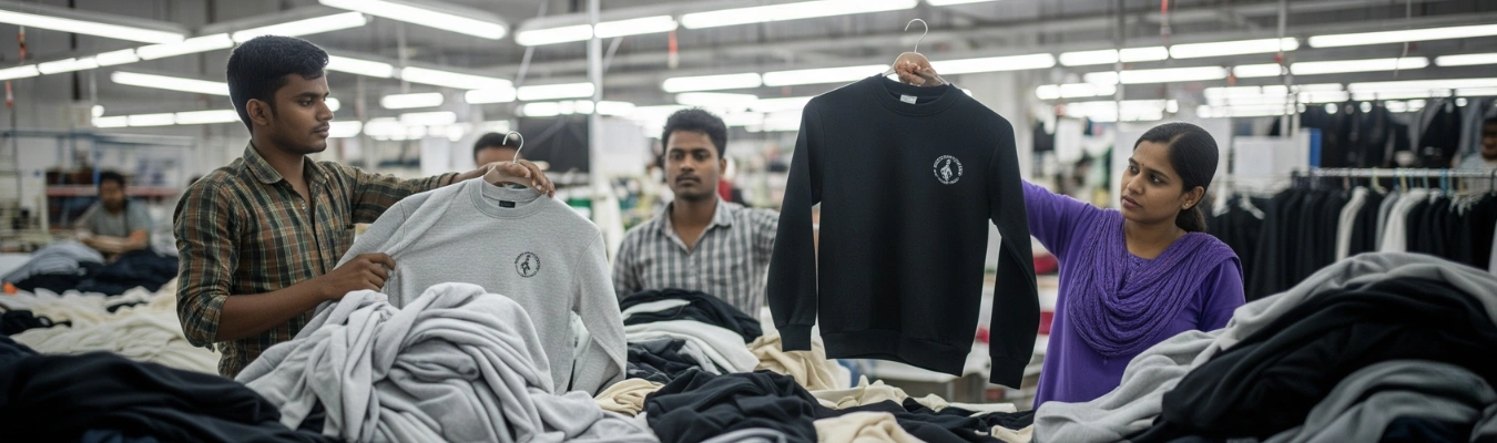 Factory workers inspecting sweatshirts for quality control and compliance in manufacturing
