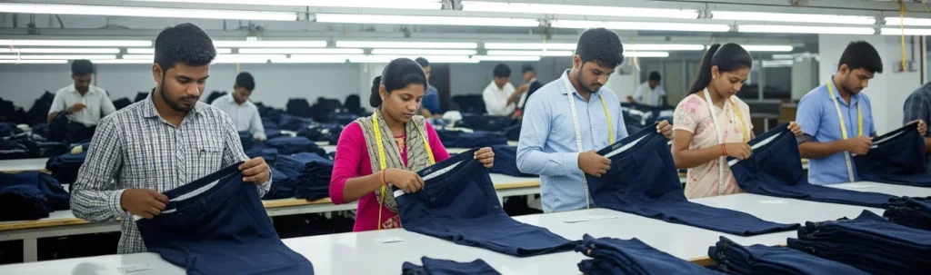 Workers inspecting men’s trousers during quality control at RYZEAL SOURCING