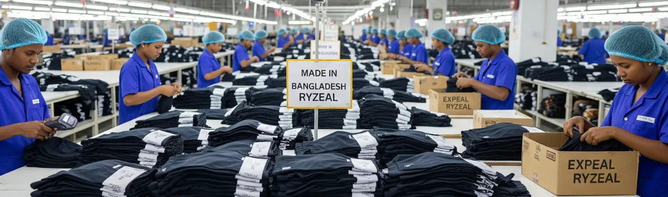 Factory workers ensuring quality control and compliance in men’s wholesale leggings production at RYZEAL in Bangladesh.