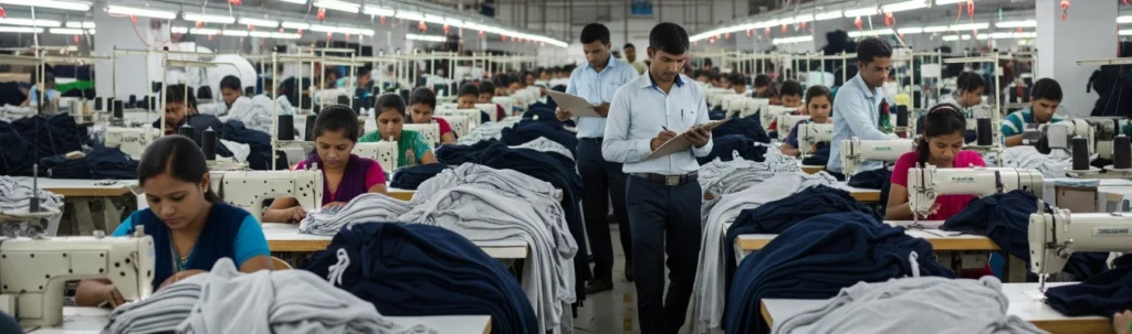 Factory workers sewing wholesale sweatpants with supervisors checking quality