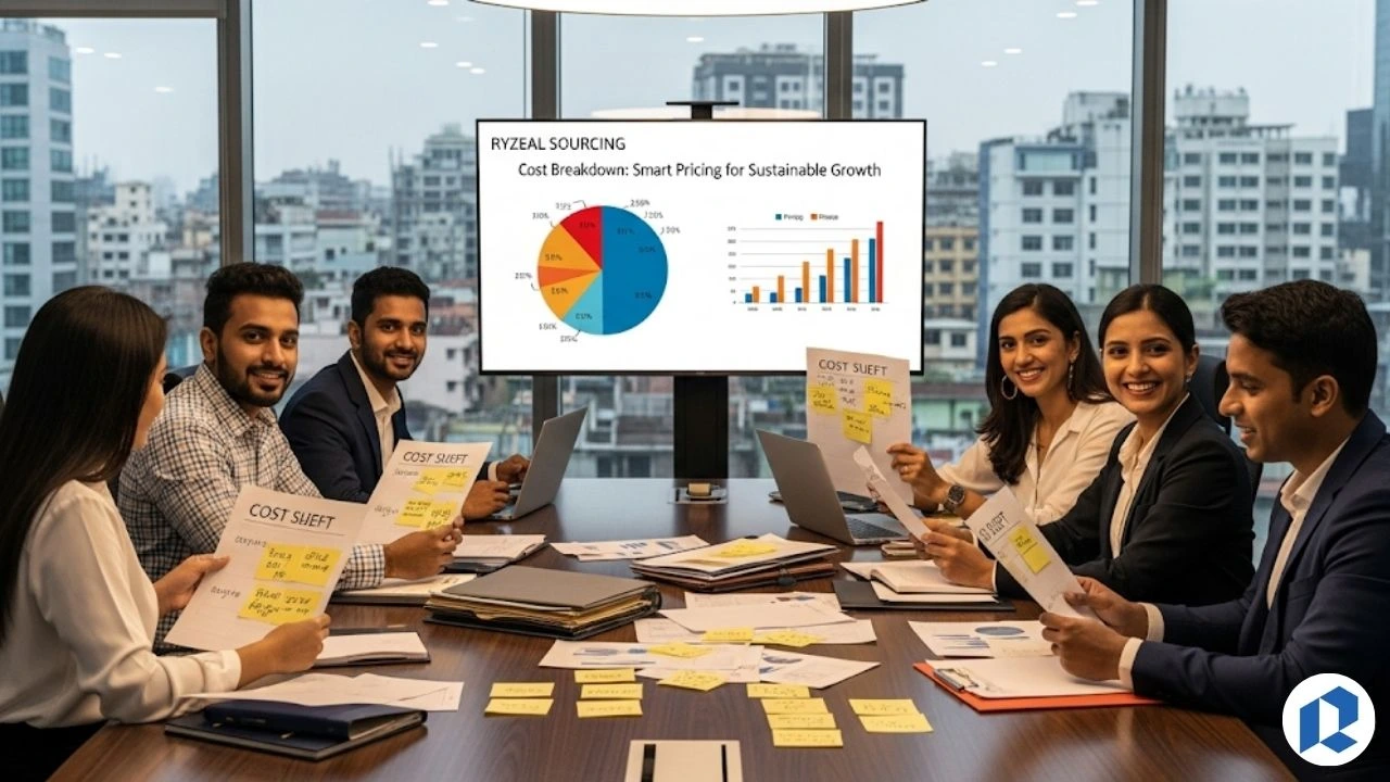 Professional workspace with garment samples, costing sheets, and a Ryzeal-branded notebook