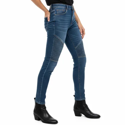 Biker style wholesale jeans for women manufactured in Bangladesh by RYZEAL SOURCING with ribbed panels and durable denim.