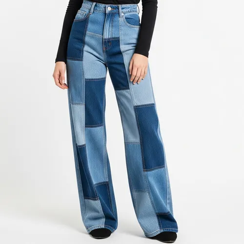 Patchwork wholesale jeans for women manufactured by RYZEAL SOURCING in Bangladesh with multi-fabric denim panels.