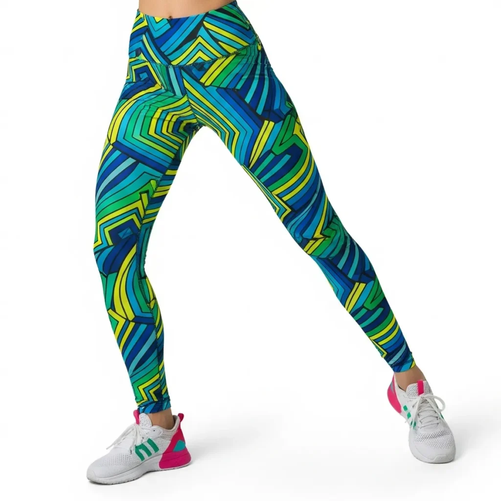 Printed women’s leggings manufactured by RYZEAL SOURCING in Bangladesh, available in vibrant colors and patterns.