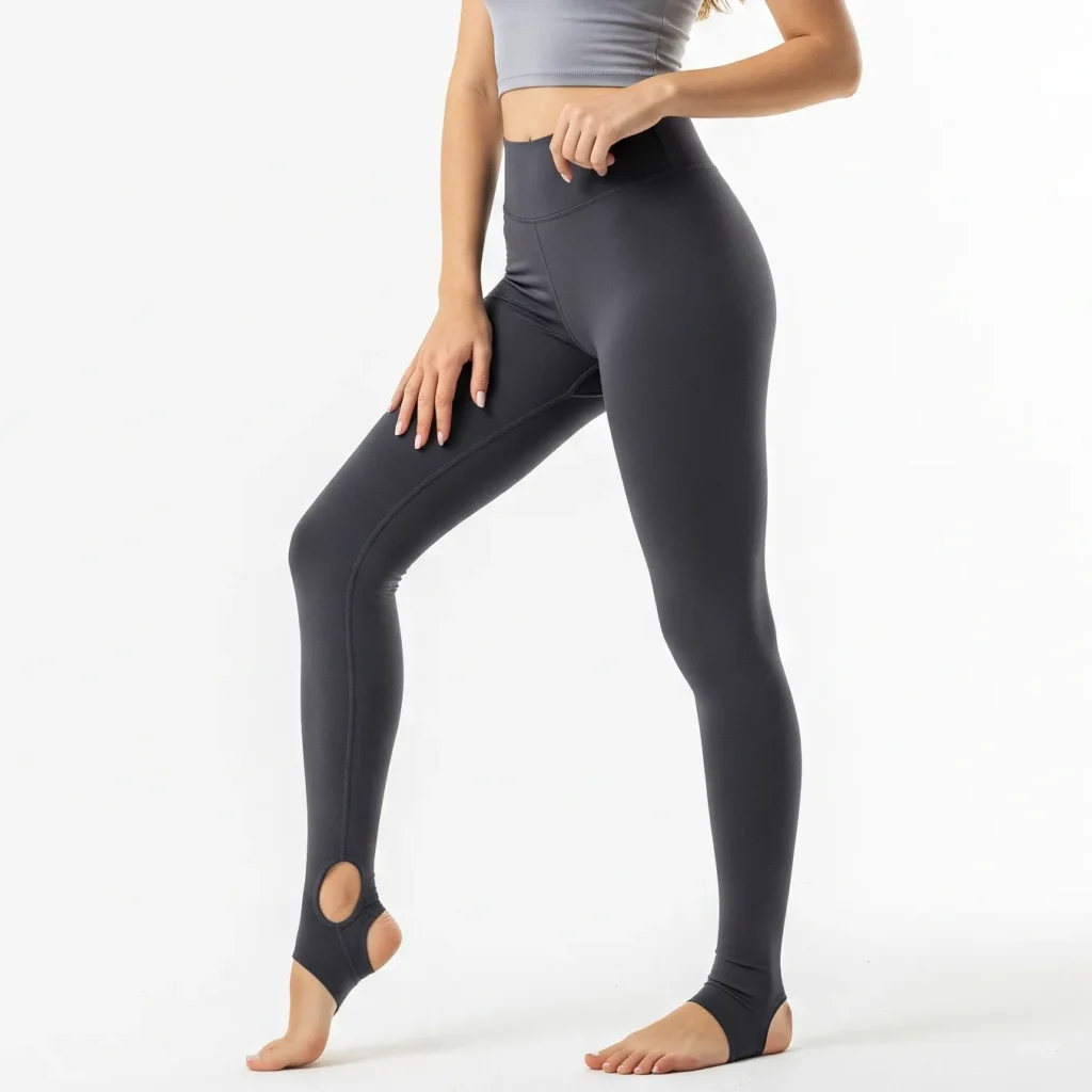Stirrup women’s leggings manufactured by RYZEAL SOURCING in Bangladesh with ankle straps for a secure fit.