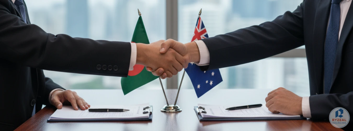 Business handshake in front of Bangladesh and Australia flags with signed contracts, symbolizing RYZEAL as a clothing manufacturer in Bangladesh for Australia.